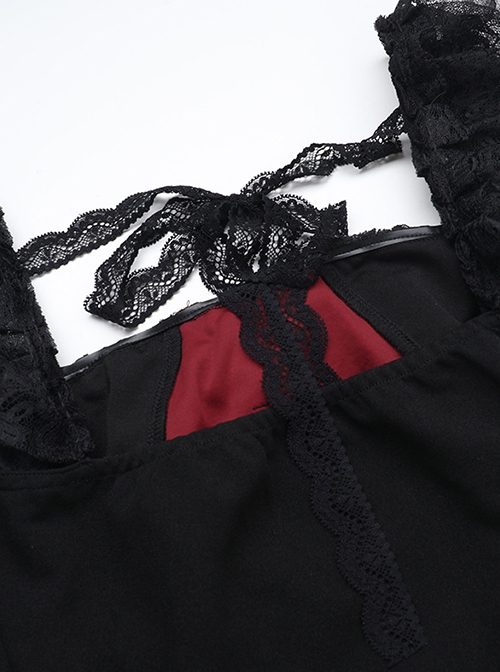 Black Sexy Lace Low Cut Front Metal Cross Decoration Punk Style Long Sleeved Slim Fit Top
