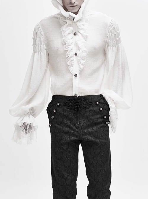 High Collar Pleated Chiffon Chest Frilly Beading Long Sleeve Lace Cuff White Gothic Shirt