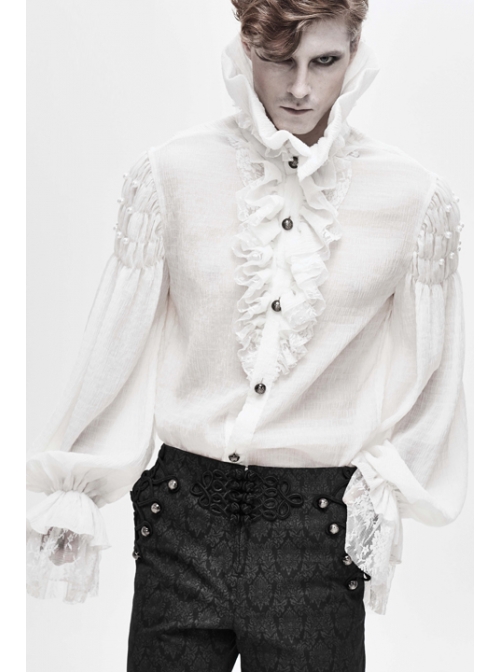 High Collar Pleated Chiffon Chest Frilly Beading Long Sleeve Lace Cuff White Gothic Shirt