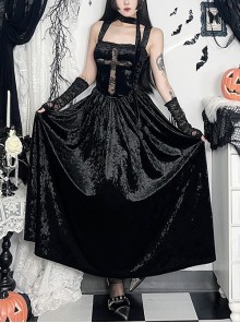 Black Sexy Velvet Splicing Lace Lace Front Center Hollow Cross Decoration Gothic Style Embroidered Sleeveless Dress