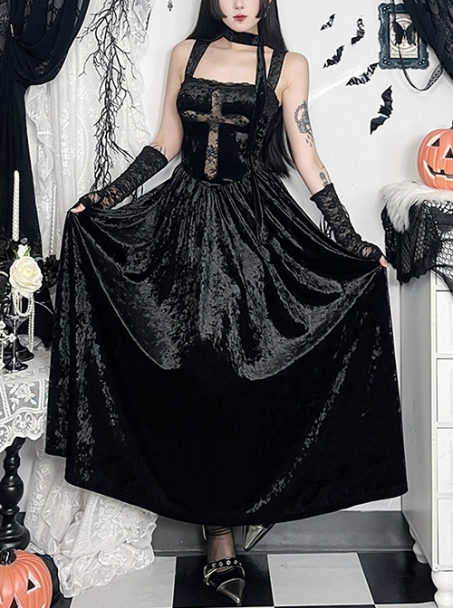 Black Sexy Velvet Splicing Lace Lace Front Center Hollow Cross Decoration Gothic Style Embroidered Sleeveless Dress