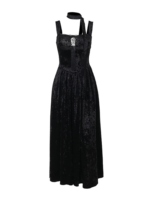 Black Sexy Velvet Splicing Lace Lace Front Center Hollow Cross Decoration Gothic Style Embroidered Sleeveless Dress
