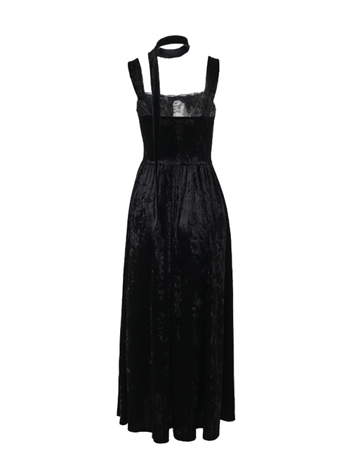 Black Sexy Velvet Splicing Lace Lace Front Center Hollow Cross Decoration Gothic Style Embroidered Sleeveless Dress