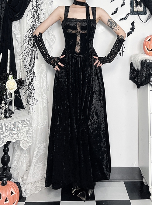 Black Sexy Velvet Splicing Lace Lace Front Center Hollow Cross Decoration Gothic Style Embroidered Sleeveless Dress