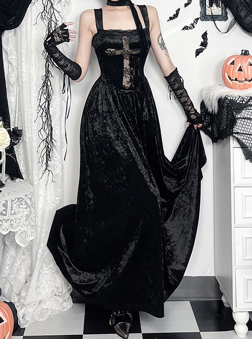 Black Sexy Velvet Splicing Lace Lace Front Center Hollow Cross Decoration Gothic Style Embroidered Sleeveless Dress