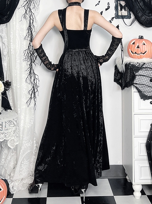 Black Sexy Velvet Splicing Lace Lace Front Center Hollow Cross Decoration Gothic Style Embroidered Sleeveless Dress
