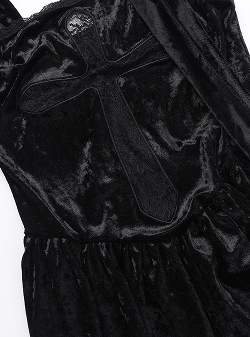 Black Sexy Velvet Splicing Lace Lace Front Center Hollow Cross Decoration Gothic Style Embroidered Sleeveless Dress