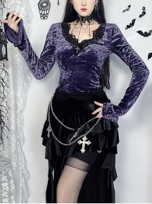 Elegant Purple Velvet Fabric Neckline With Lace Trim And Metal Cross Decoration Punk Style Long Sleeved Top