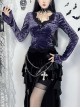 Elegant Purple Velvet Fabric Neckline With Lace Trim And Metal Cross Decoration Punk Style Long Sleeved Top