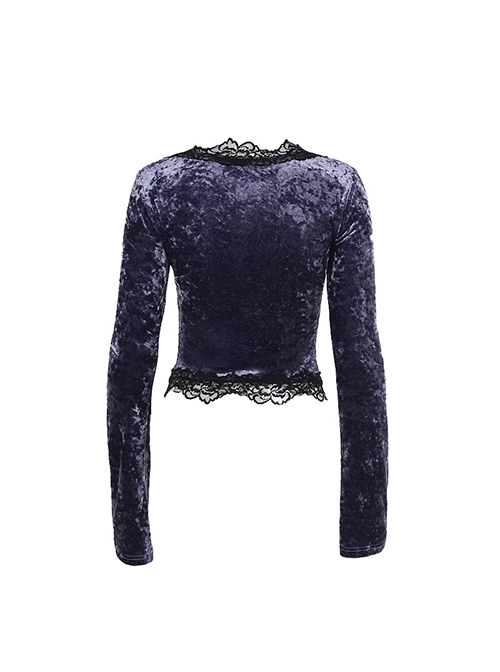 Elegant Purple Velvet Fabric Neckline With Lace Trim And Metal Cross Decoration Punk Style Long Sleeved Top