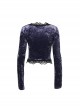 Elegant Purple Velvet Fabric Neckline With Lace Trim And Metal Cross Decoration Punk Style Long Sleeved Top