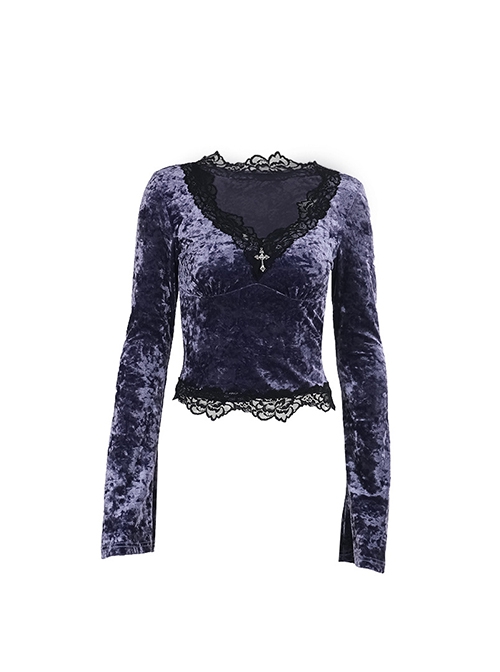 Elegant Purple Velvet Fabric Neckline With Lace Trim And Metal Cross Decoration Punk Style Long Sleeved Top