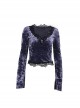 Elegant Purple Velvet Fabric Neckline With Lace Trim And Metal Cross Decoration Punk Style Long Sleeved Top