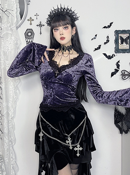 Elegant Purple Velvet Fabric Neckline With Lace Trim And Metal Cross Decoration Punk Style Long Sleeved Top