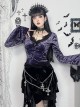 Elegant Purple Velvet Fabric Neckline With Lace Trim And Metal Cross Decoration Punk Style Long Sleeved Top