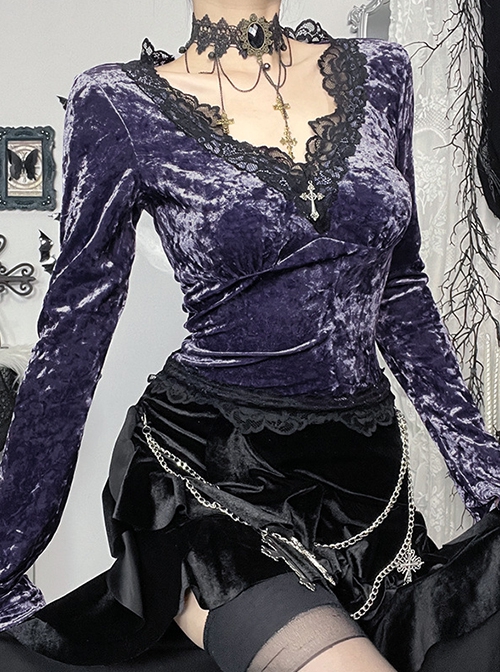 Elegant Purple Velvet Fabric Neckline With Lace Trim And Metal Cross Decoration Punk Style Long Sleeved Top