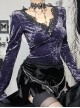 Elegant Purple Velvet Fabric Neckline With Lace Trim And Metal Cross Decoration Punk Style Long Sleeved Top