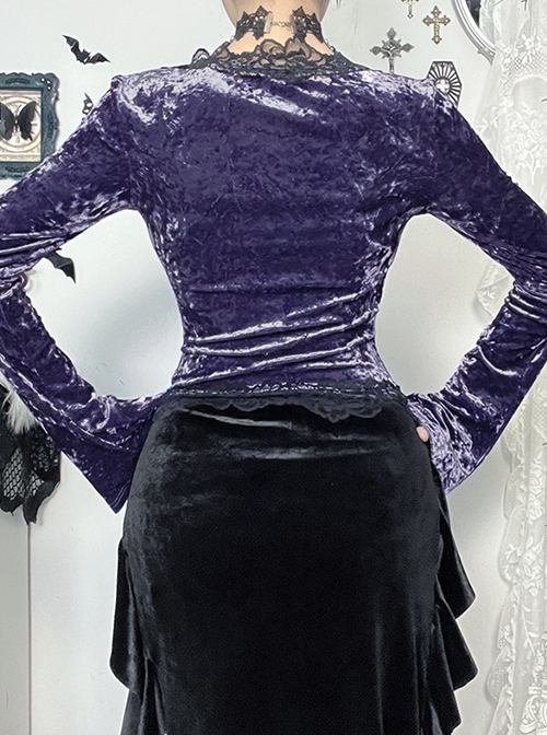 Elegant Purple Velvet Fabric Neckline With Lace Trim And Metal Cross Decoration Punk Style Long Sleeved Top
