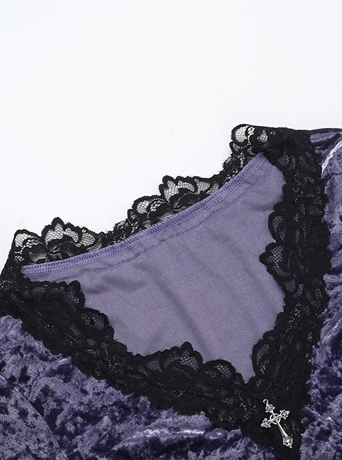 Elegant Purple Velvet Fabric Neckline With Lace Trim And Metal Cross Decoration Punk Style Long Sleeved Top