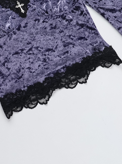 Elegant Purple Velvet Fabric Neckline With Lace Trim And Metal Cross Decoration Punk Style Long Sleeved Top