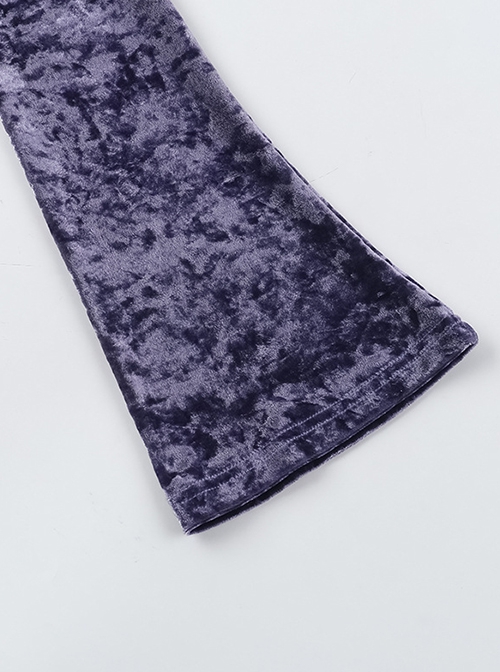 Elegant Purple Velvet Fabric Neckline With Lace Trim And Metal Cross Decoration Punk Style Long Sleeved Top