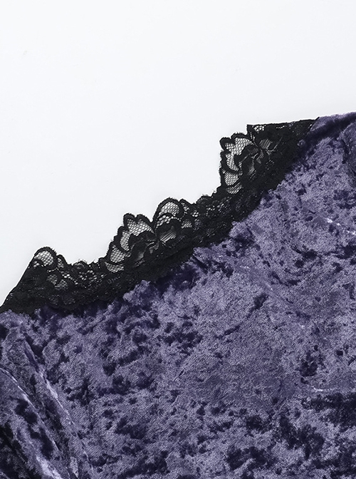 Elegant Purple Velvet Fabric Neckline With Lace Trim And Metal Cross Decoration Punk Style Long Sleeved Top