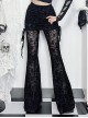 Black Flocked Micro Transparent Cross Pattern Side Tie Decoration Punk Style Fake Two Piece Flared Culottes