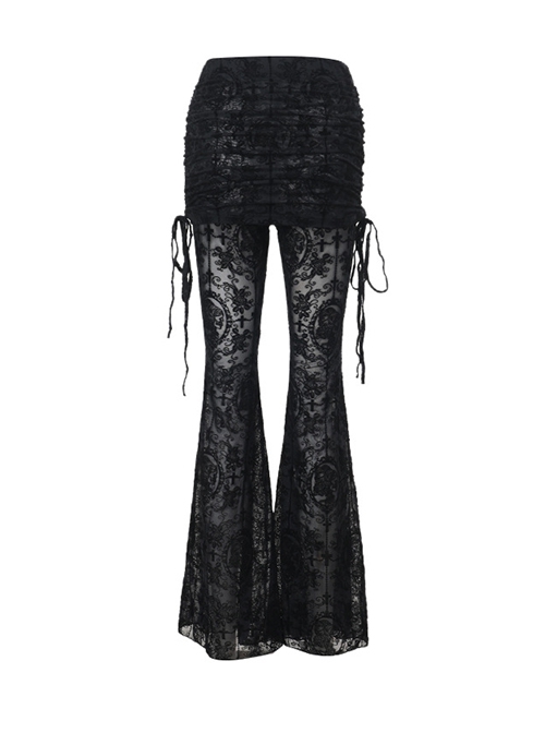 Black Flocked Micro Transparent Cross Pattern Side Tie Decoration Punk Style Fake Two Piece Flared Culottes