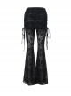 Black Flocked Micro Transparent Cross Pattern Side Tie Decoration Punk Style Fake Two Piece Flared Culottes