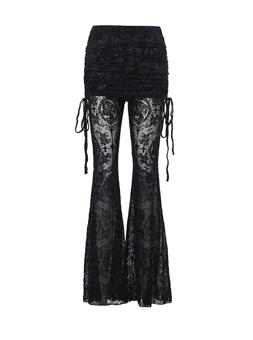 Black Flocked Micro Transparent Cross Pattern Side Tie Decoration Punk Style Fake Two Piece Flared Culottes