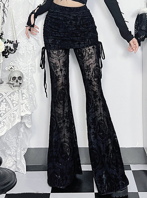 Black Flocked Micro Transparent Cross Pattern Side Tie Decoration Punk Style Fake Two Piece Flared Culottes