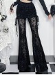 Black Flocked Micro Transparent Cross Pattern Side Tie Decoration Punk Style Fake Two Piece Flared Culottes