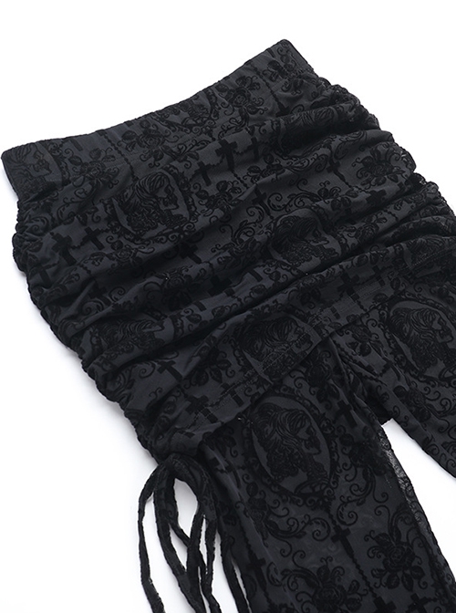 Black Flocked Micro Transparent Cross Pattern Side Tie Decoration Punk Style Fake Two Piece Flared Culottes