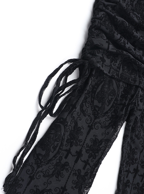 Black Flocked Micro Transparent Cross Pattern Side Tie Decoration Punk Style Fake Two Piece Flared Culottes