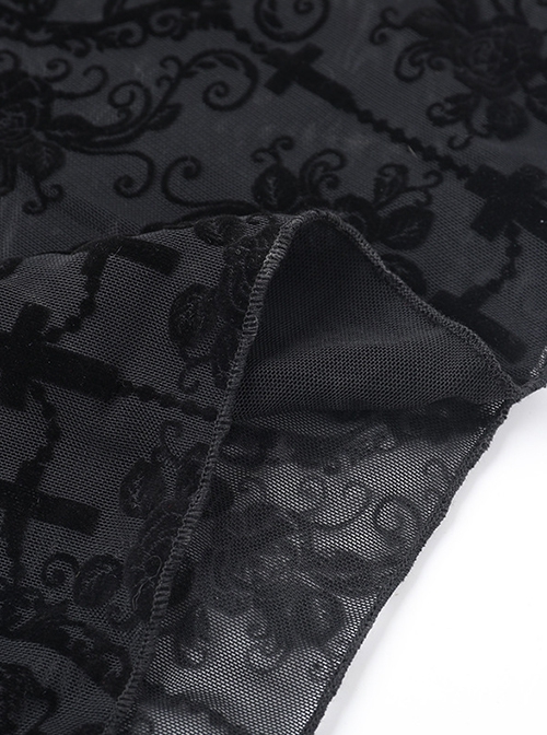 Black Flocked Micro Transparent Cross Pattern Side Tie Decoration Punk Style Fake Two Piece Flared Culottes