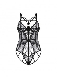 Front Hollow Hip Hollow Temptation Steel Ring Gathers Perspective Lace Sexy Lingerie Jumpsuit