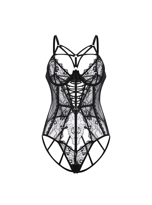 Front Hollow Hip Hollow Temptation Steel Ring Gathers Perspective Lace Sexy Lingerie Jumpsuit