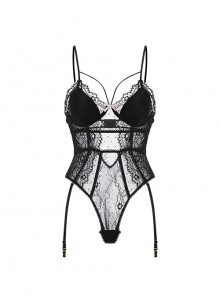 Polka Dot Perspective Eyelash Lace Deep V Hidden Button Open Crotch With Chest Pads Sexy Lingerie Jumpsuit