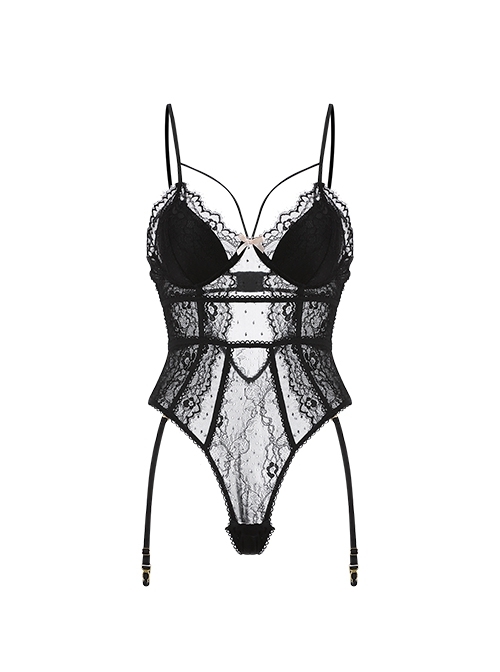 Polka Dot Perspective Eyelash Lace Deep V Hidden Button Open Crotch With Chest Pads Sexy Lingerie Jumpsuit