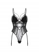 Polka Dot Perspective Eyelash Lace Deep V Hidden Button Open Crotch With Chest Pads Sexy Lingerie Jumpsuit