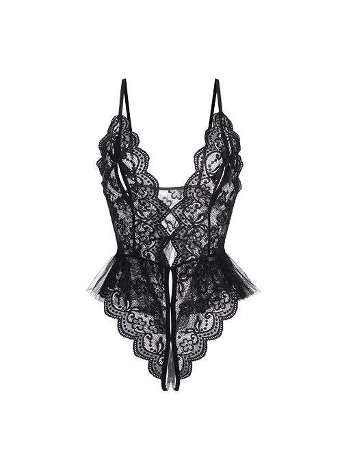Chest Hollow Deep V Sweet Ballet Style Fluffy Hem Backless Open Crotch Sexy Lingerie Jumpsuit