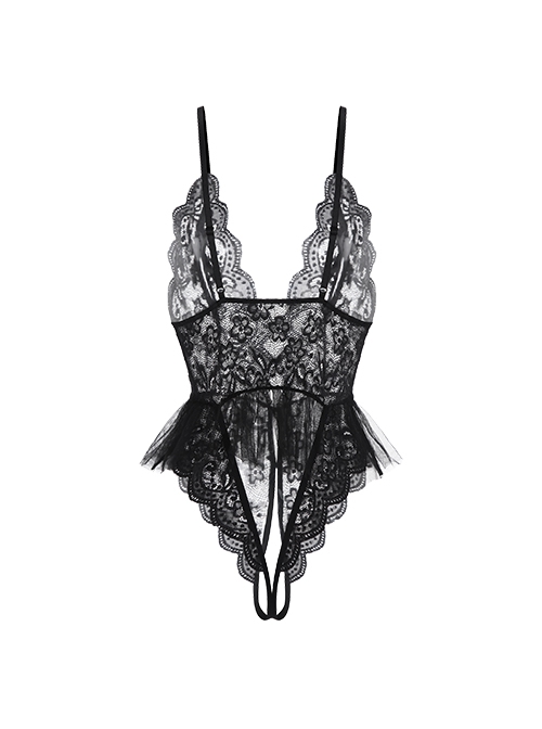Chest Hollow Deep V Sweet Ballet Style Fluffy Hem Backless Open Crotch Sexy Lingerie Jumpsuit