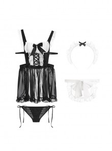 Black White Cute Bow Ruffled See-Through Chiffon Backless Maid Outfit Sexy Lingerie Set