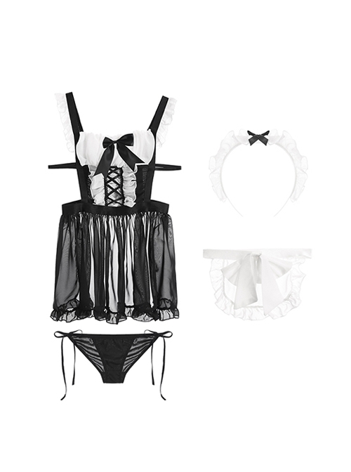 Black White Cute Bow Ruffled See-Through Chiffon Backless Maid Outfit Sexy Lingerie Set