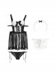 Black White Cute Bow Ruffled See-Through Chiffon Backless Maid Outfit Sexy Lingerie Set