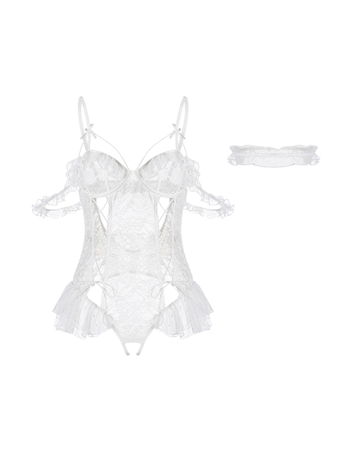 Front Lace-up See-through Lace Dreamy Side Lace Hem Backless Open Crotch Exposed Buttocks Jumpsuit Plus Size Sexy Lingerie Set