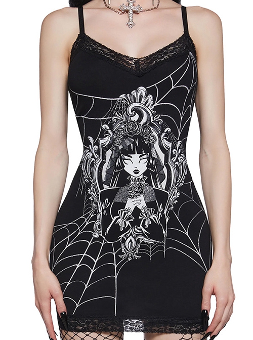 Black Spiderweb Print With Lace Hem Punk Style Sleeveless Suspender Dress