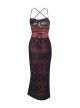 Sexy Black And Red Flocked Backless Cross Print Design Punk Style Slit Suspender Dress