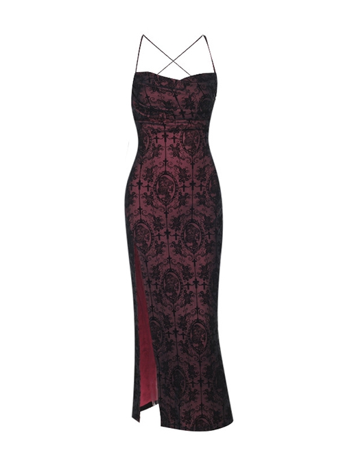 Sexy Black And Red Flocked Backless Cross Print Design Punk Style Slit Suspender Dress
