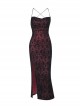 Sexy Black And Red Flocked Backless Cross Print Design Punk Style Slit Suspender Dress